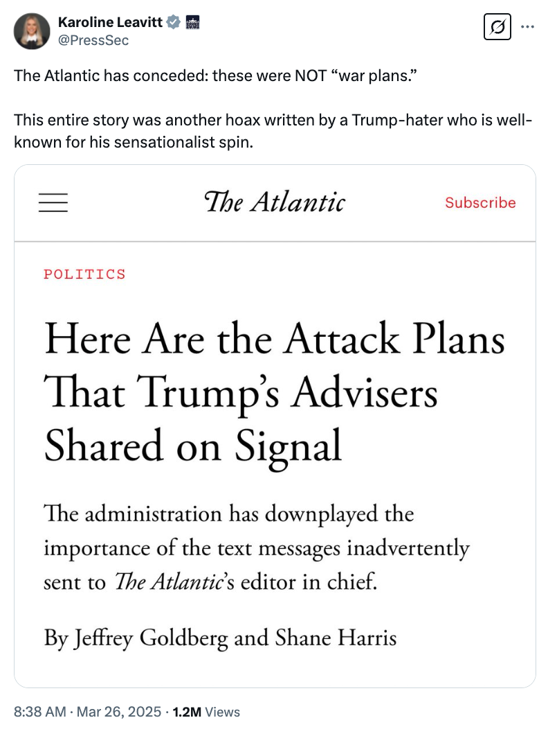 Screenshot of a tweet by Caroline Leavitt highlighting an article from The Atlantic about attack plans shared on Signal, mentioning hoax claims