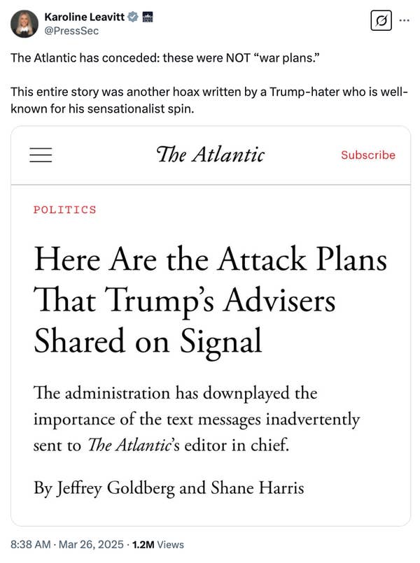 Screenshot of a tweet by Caroline Leavitt highlighting an article from The Atlantic about attack plans shared on Signal, mentioning hoax claims