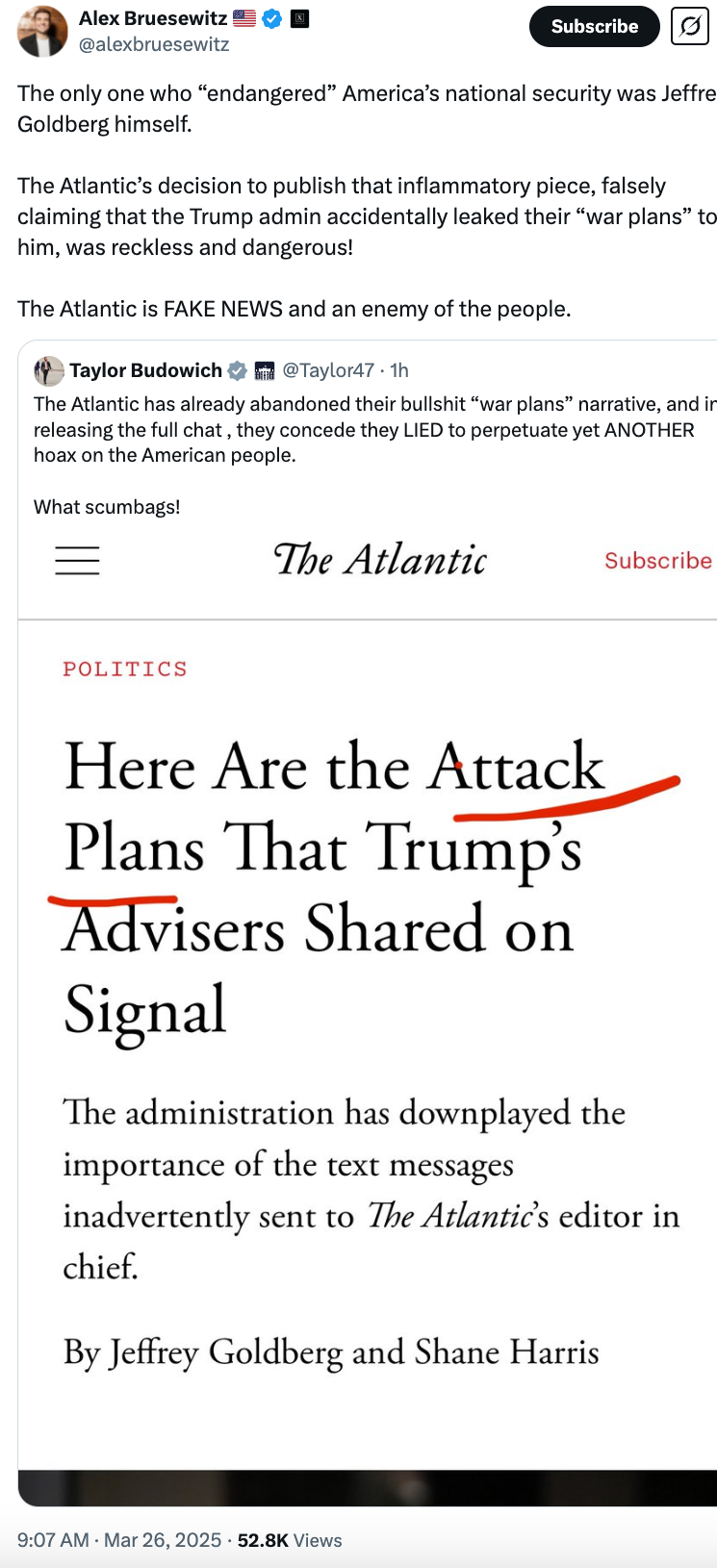 Tweet criticizing The Atlantic for publishing alleged "attack plans" by Trump's advisers