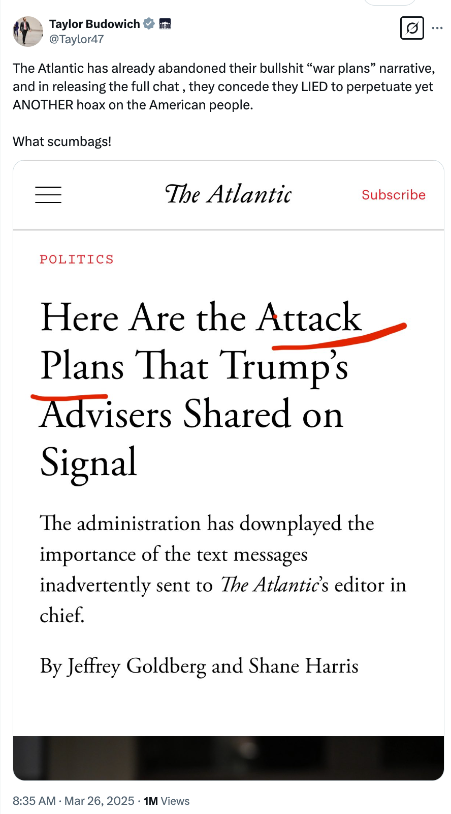 Tweet criticizing The Atlantic for allegedly admitting to lying about Trump's advisors' attack plans; highlighted text questions credibility