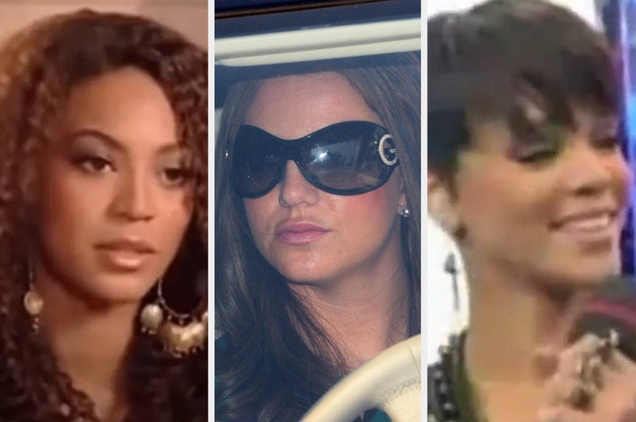 Three female celebrities: two have curly and short hairstyles, while the third wears sunglasses, sitting in a car