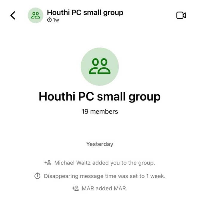 Messaging app group &quot;Houthi PC small group&quot; with 19 members; recent actions include Michael Waltz adding a user and setting disappearing messages