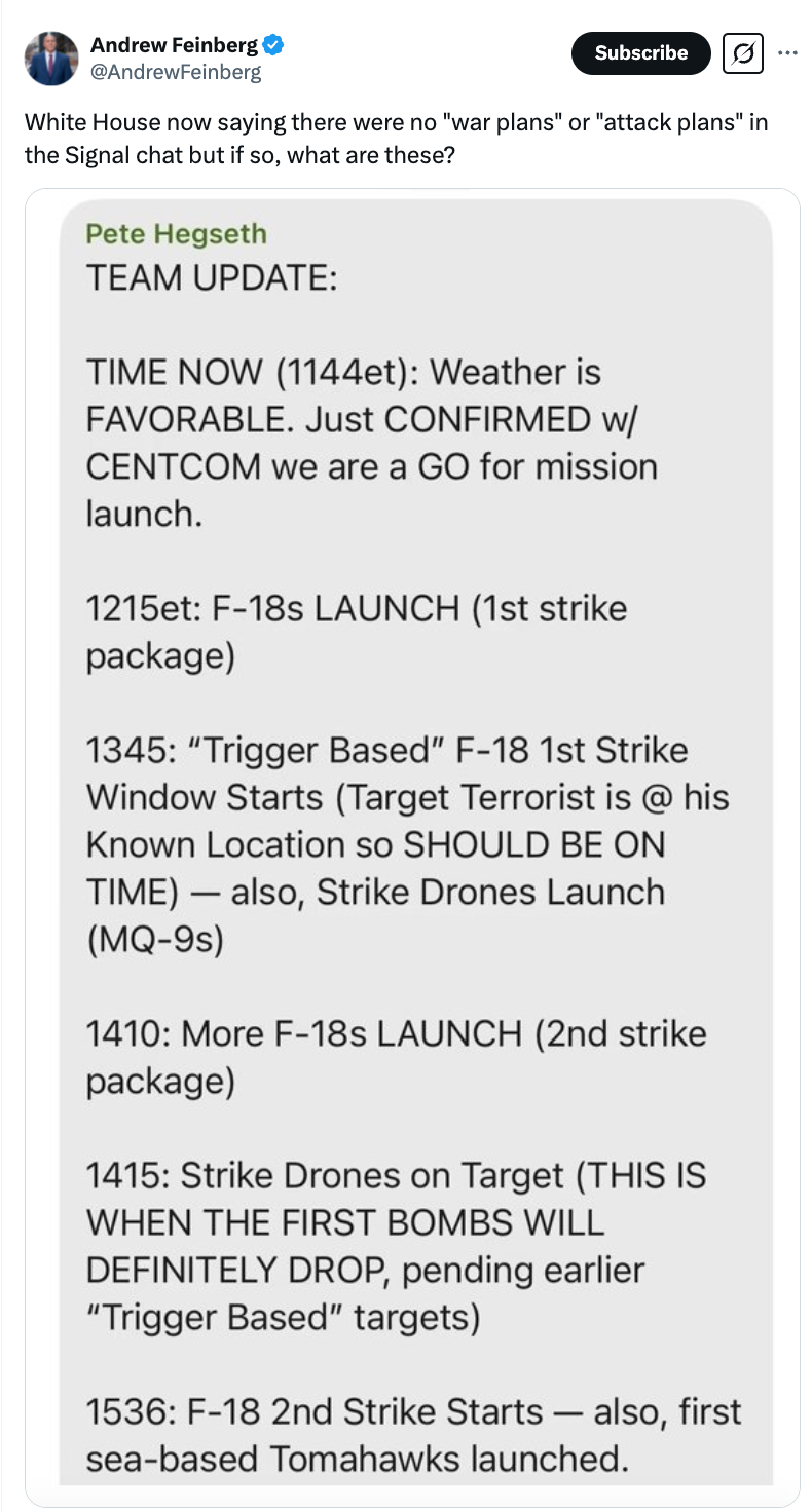 Text of tweet discussing a military mission timeline with specific times for weather confirmation, F-18s launch, drones targeting, and missile strikes