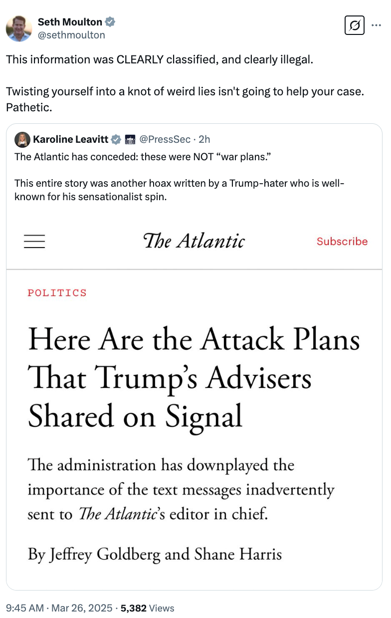 Twitter post by Seth Moulton critiquing article titled "Here Are the Attack Plans That Trump's Advisers Shared on Signal" from The Atlantic