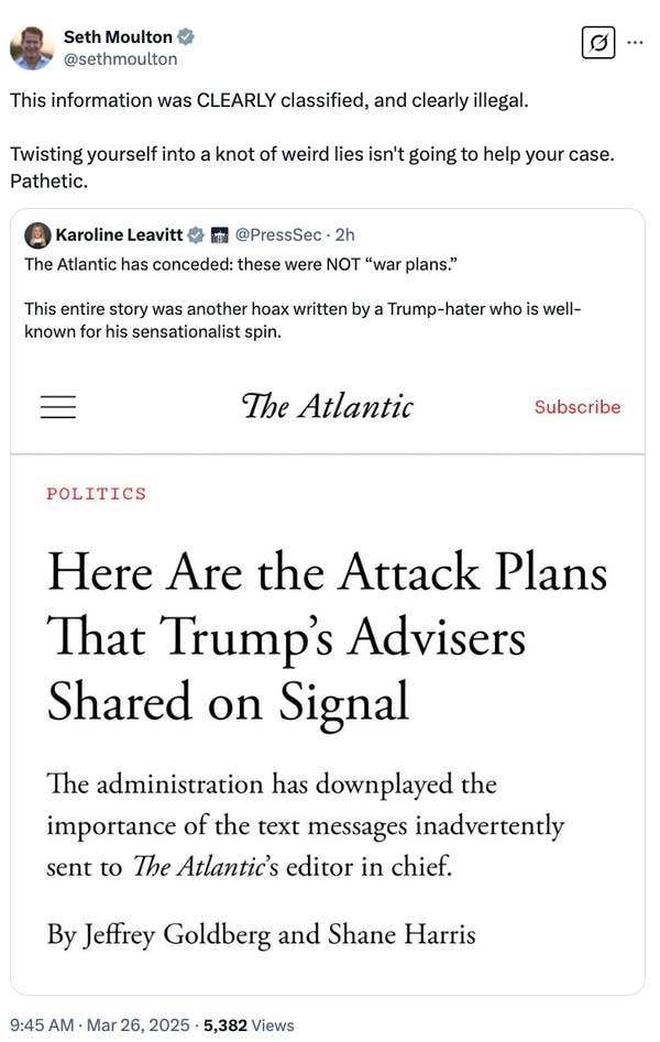 Twitter post by Seth Moulton critiquing article titled &quot;Here Are the Attack Plans That Trump&#x27;s Advisers Shared on Signal&quot; from The Atlantic