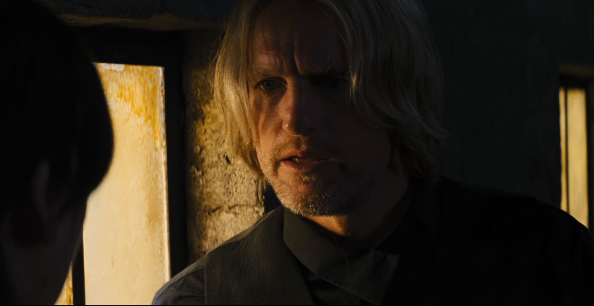 Haymitch appearing serious in a movie scene