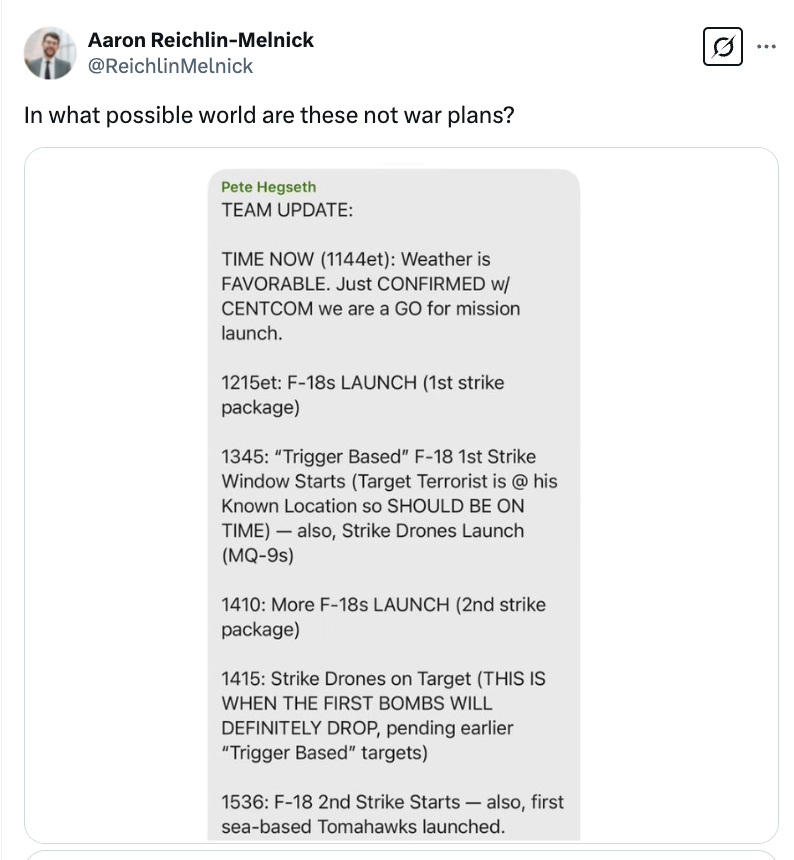 Screenshot of a tweet by Pete Hegseth discussing planned F-18 launches and missile strikes with specified times