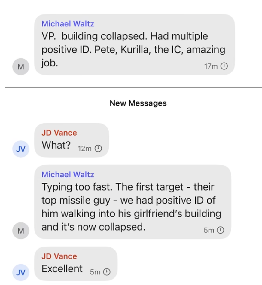 Text conversation about a building collapse, mentioning identification of a missile target walking into his girlfriend's building