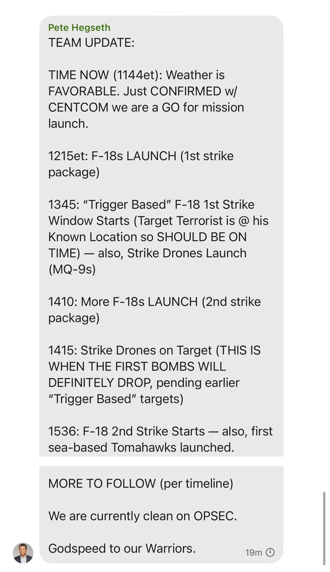 Text messages from Pete Hegseth discussing favorable weather, mission timelines, and drone strikes targeting terrorists