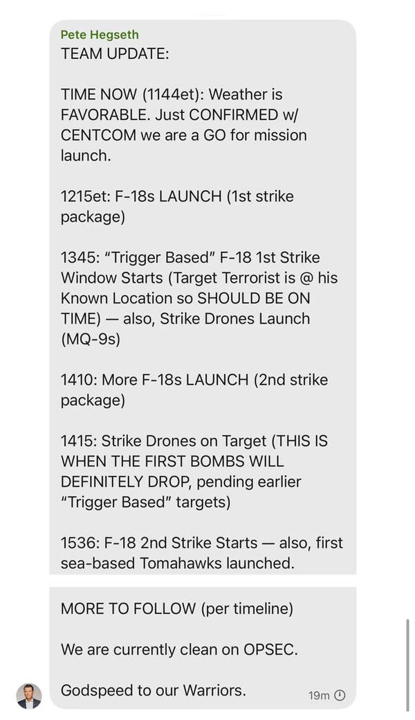 Text messages from Pete Hegseth discussing favorable weather, mission timelines, and drone strikes targeting terrorists
