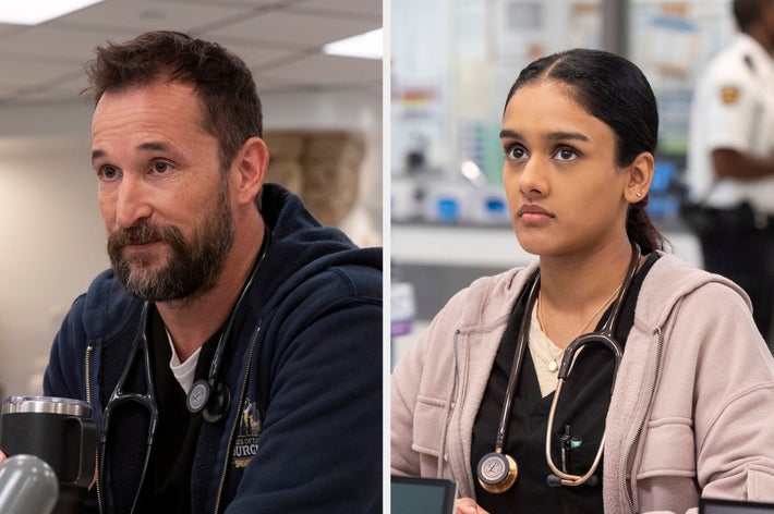 Dr Robby and Javadi from The Pitt, both sitting at a desk in the emergency room setting and looking thoughtful