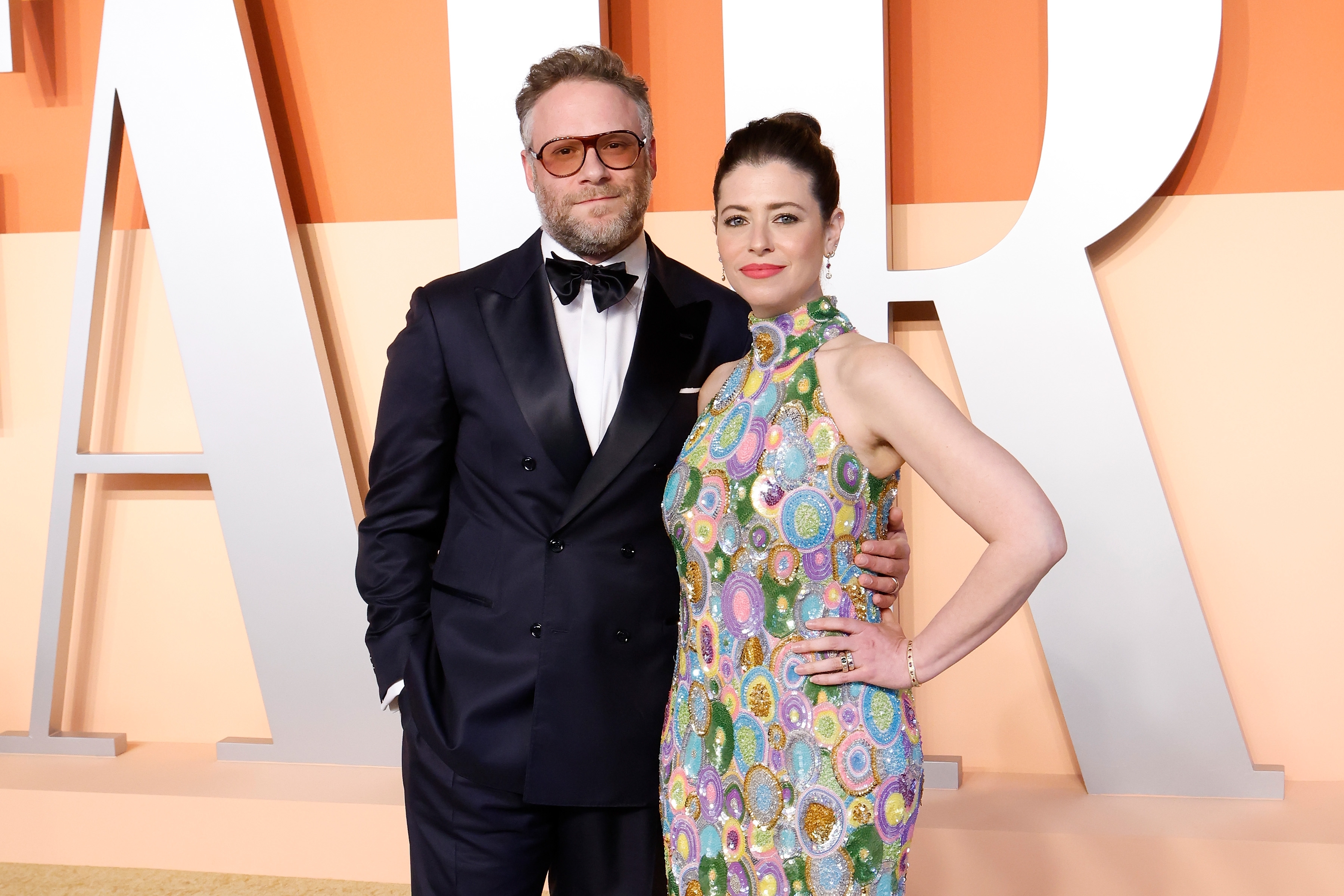 Seth Rogen and Lauren Miller at the 2025 Vanity Fair Oscar Party