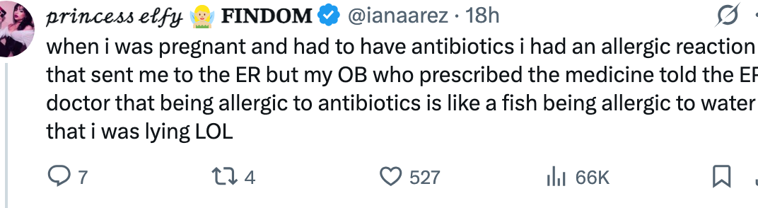 Tweet som forteller om en allergisk reaksjon på antibiotika; avskjediget av OB, sammenlignet det med fisk som er allergisk mot vann, og kaller allergi en løgn