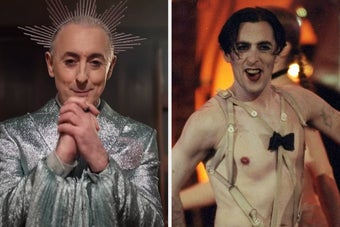 Two side-by-side images of a person, one in a shimmering suit with a spiked headpiece, the other in a cabaret-style outfit with suspenders and a bow tie