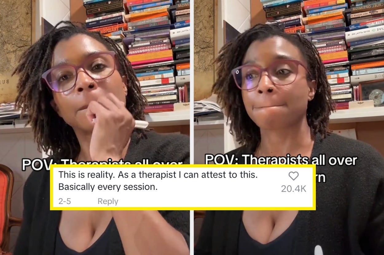 Person with glasses and dreadlocks in therapy POV video, reacting with thoughtful expressions. Text comments about therapy overlays the image