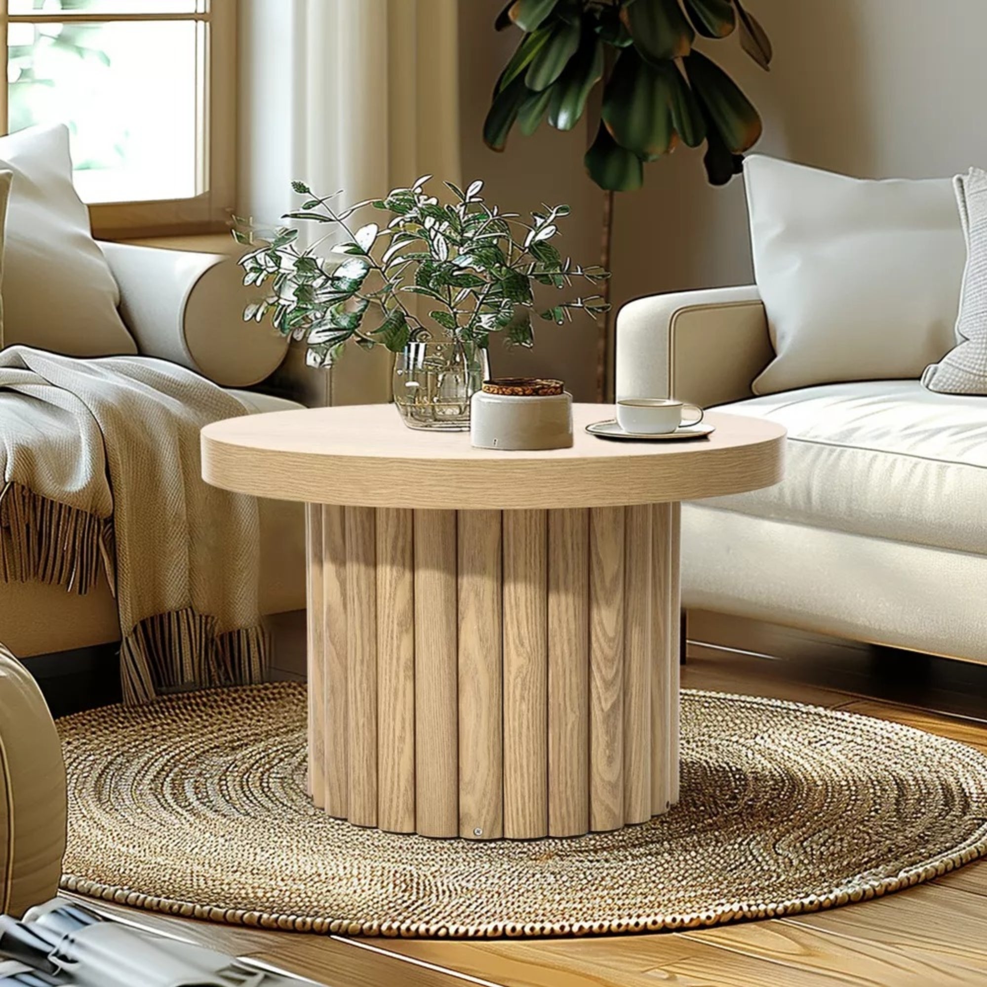 Ruang tamu yang nyaman dengan meja kayu bundar, tanaman, cangkir, dan sofa di atas karpet anyaman, dekat jendela