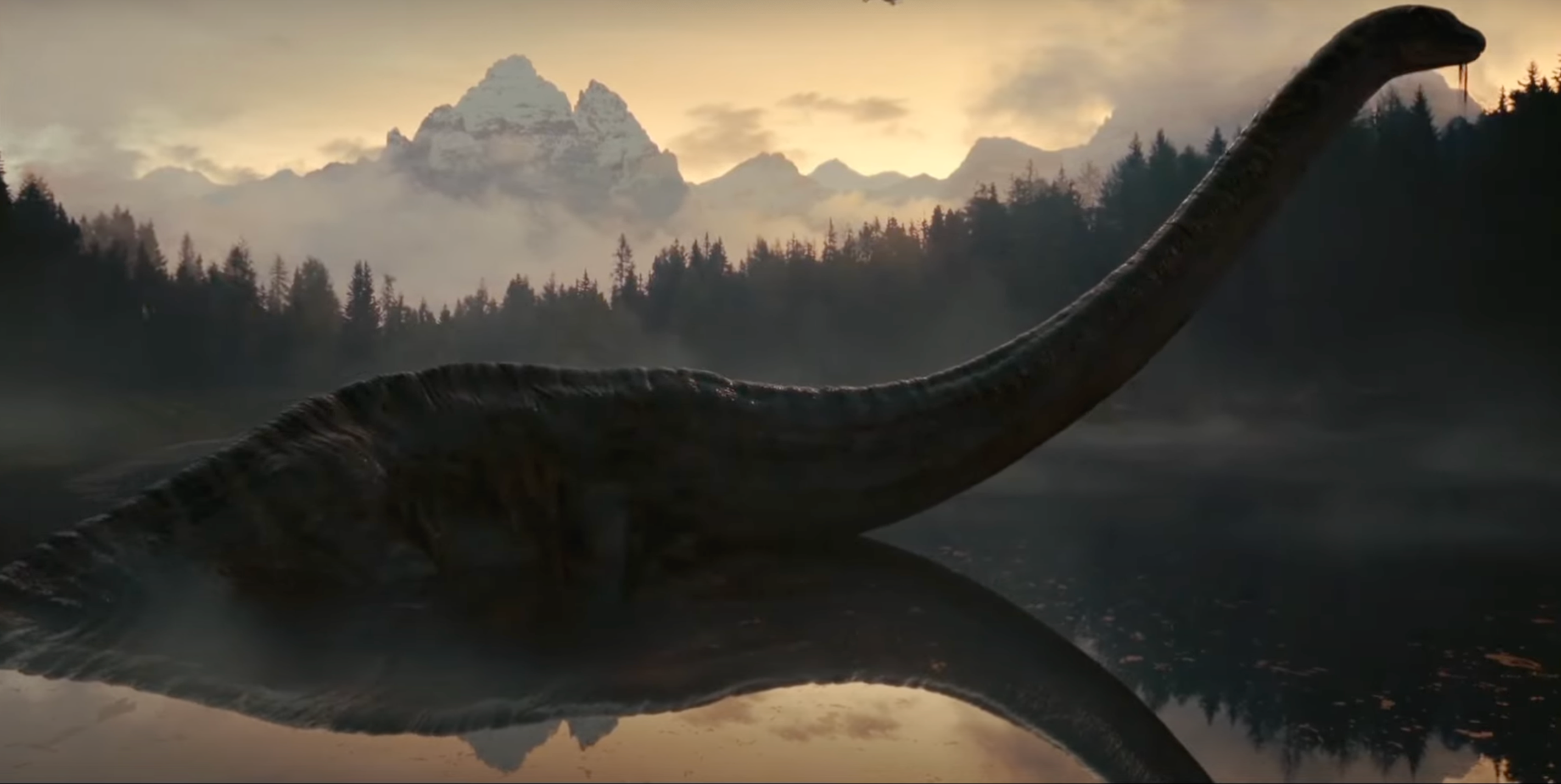 A Dreadnoughtus dinosaur is partially submerged in a lake, set against a misty forest backdrop with distant mountains