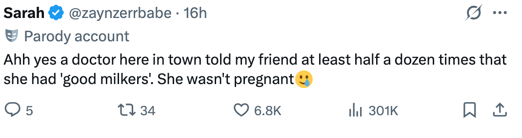 En tweet fra en parodikonto nevner humoristisk en lege som forteller en ikke-gravid venn hun hadde & quot; gode melkere. & Quot;