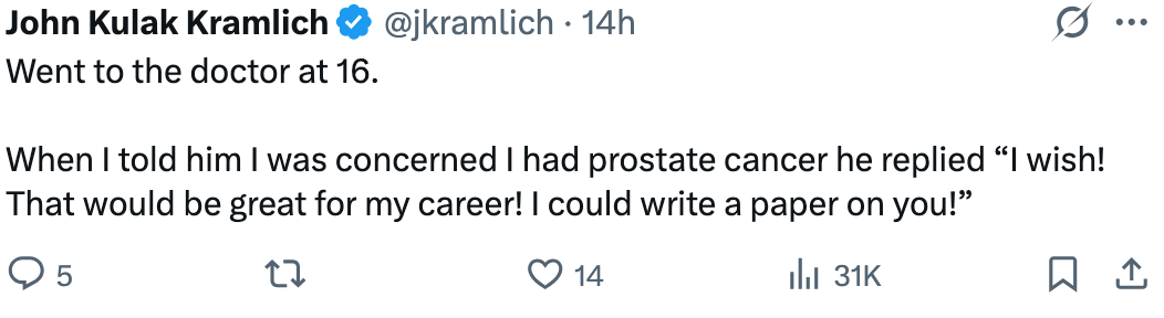 Tweet av John Kulak Kramlich: Gikk til legen som 16 år, uttrykte bekymring for prostatakreft. Doktor spøkte med å skrive et papir om det