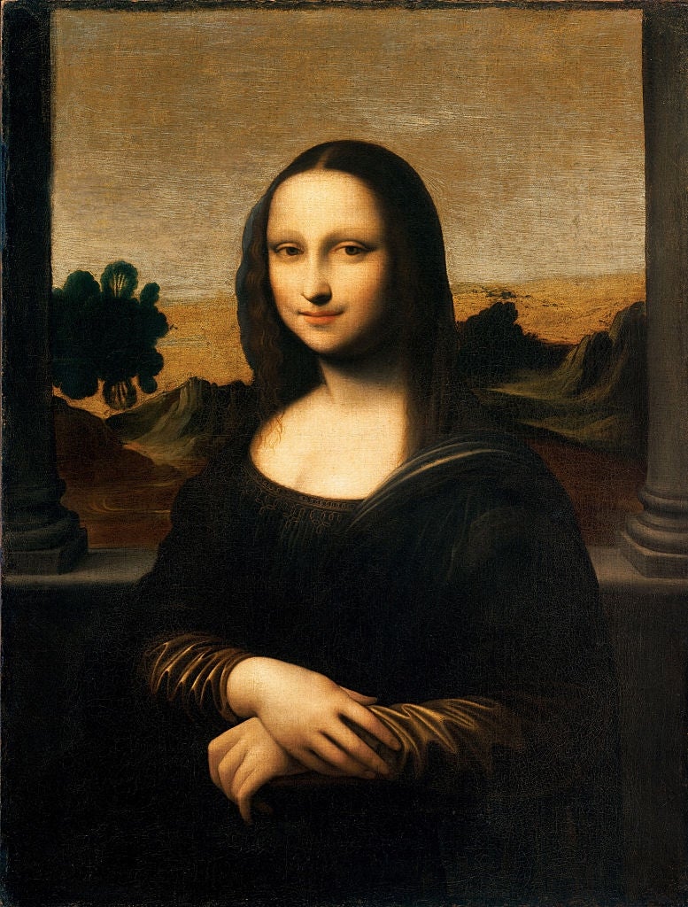 A classical  representation    of a pistillate   with a serene look  and folded hands, acceptable   against a scenery  background