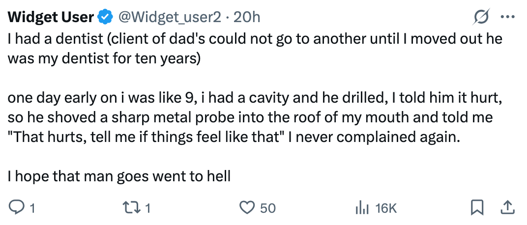 Tweet som forteller om en traumatisk tannlegeopplevelse
