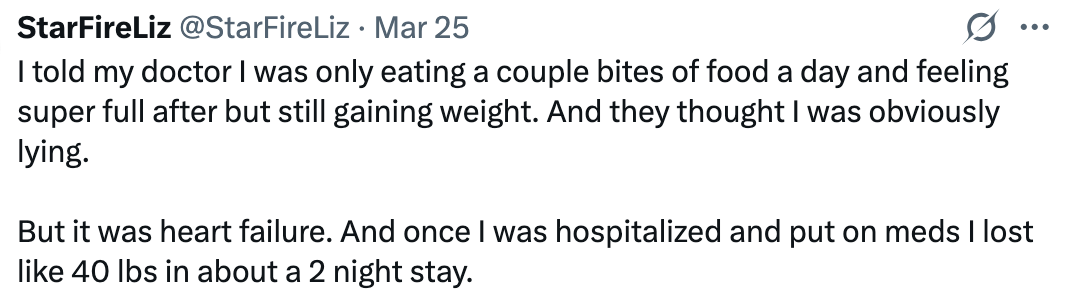 Tweet diskuterer feildiagnose; Person spiste lite, følte seg full, gikk opp i vekt og ble antatt å lyve. Funnet å være hjertesvikt, mistet 40 kg på sykehus