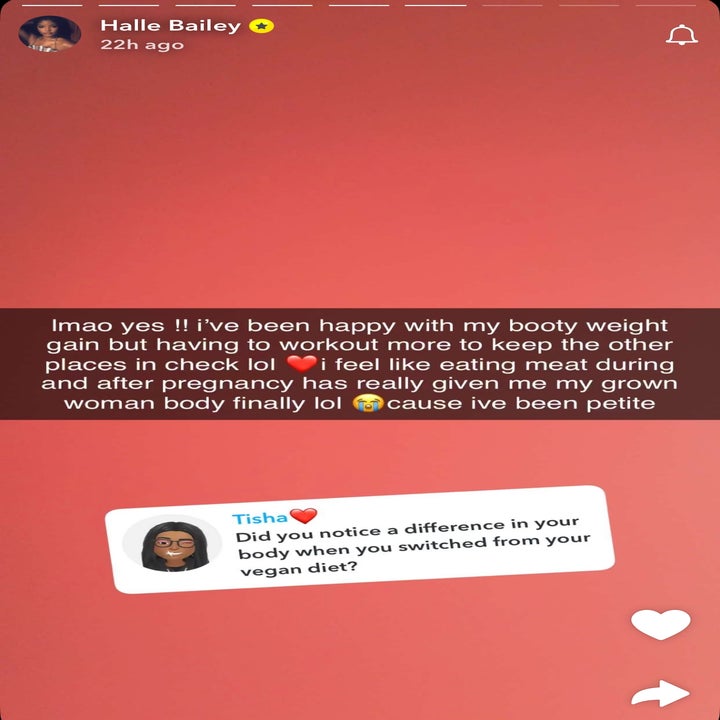 Screenshot of a text exchange where Halle Bailey discusses body changes post-pregnancy and mentions adjusting her workout routine