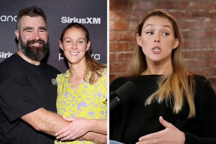 Two-panel image: Left shows a couple on a red carpet, smiling. Right shows a woman speaking into a microphone during an interview