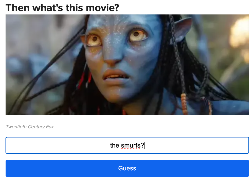 A character with blue skin and pointed ears from a scene, guessed as "the smurfs?" in a quiz