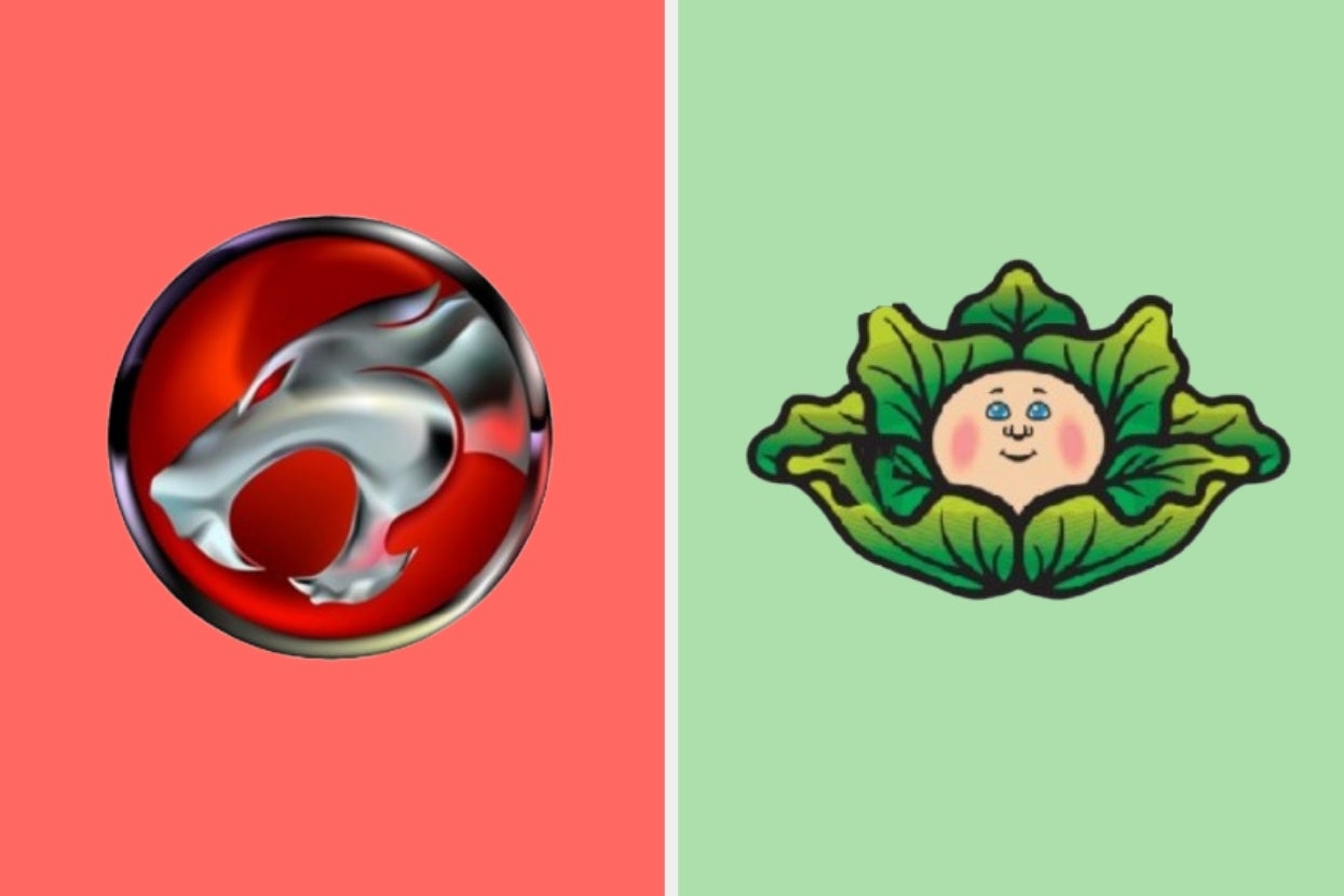 Left: Silver cat emblem. Right: Baby face in lettuce, smiling