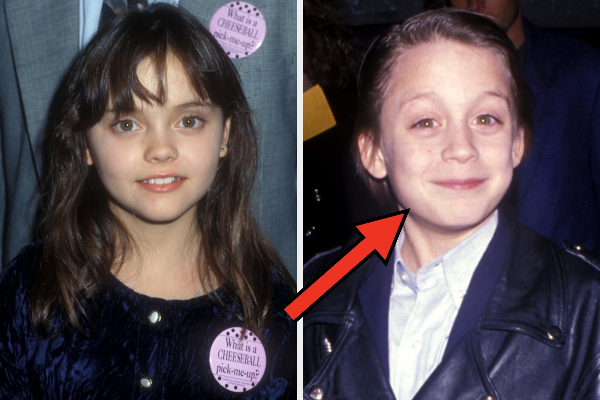 Two young children on a red carpet. Left child wears a dress. Right child wears a leather jacket with a shirt and tie