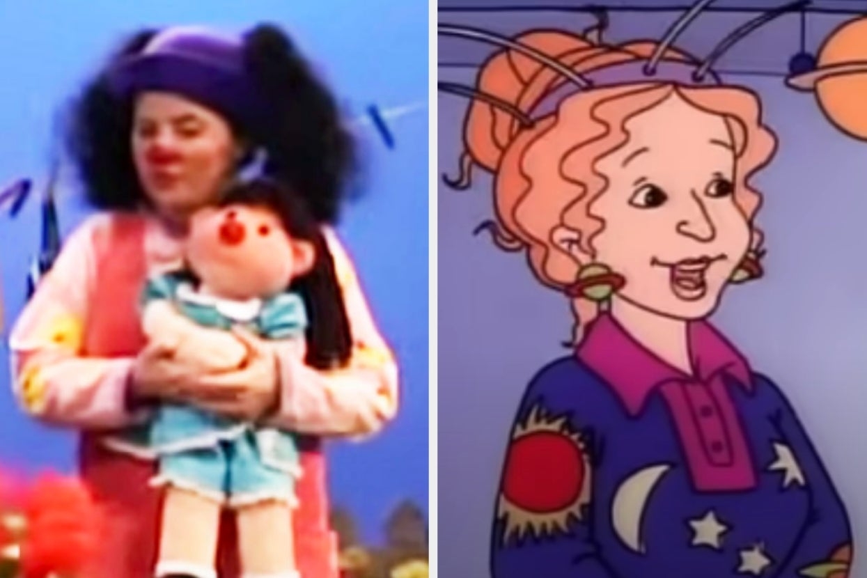 Left: Performer as a clown holding a doll. Right: Animated character with curly hair, wearing a shirt with celestial patterns