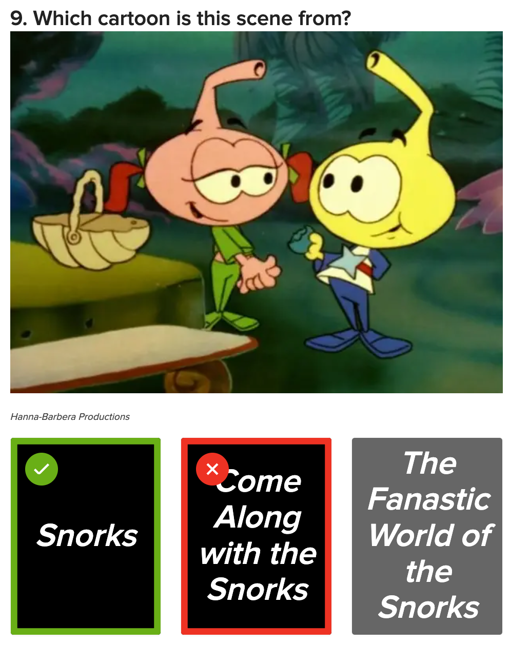 Two cartoon Snorks stand in a forest. The quiz question asks which cartoon they're from, with "Snorks" as the correct answer