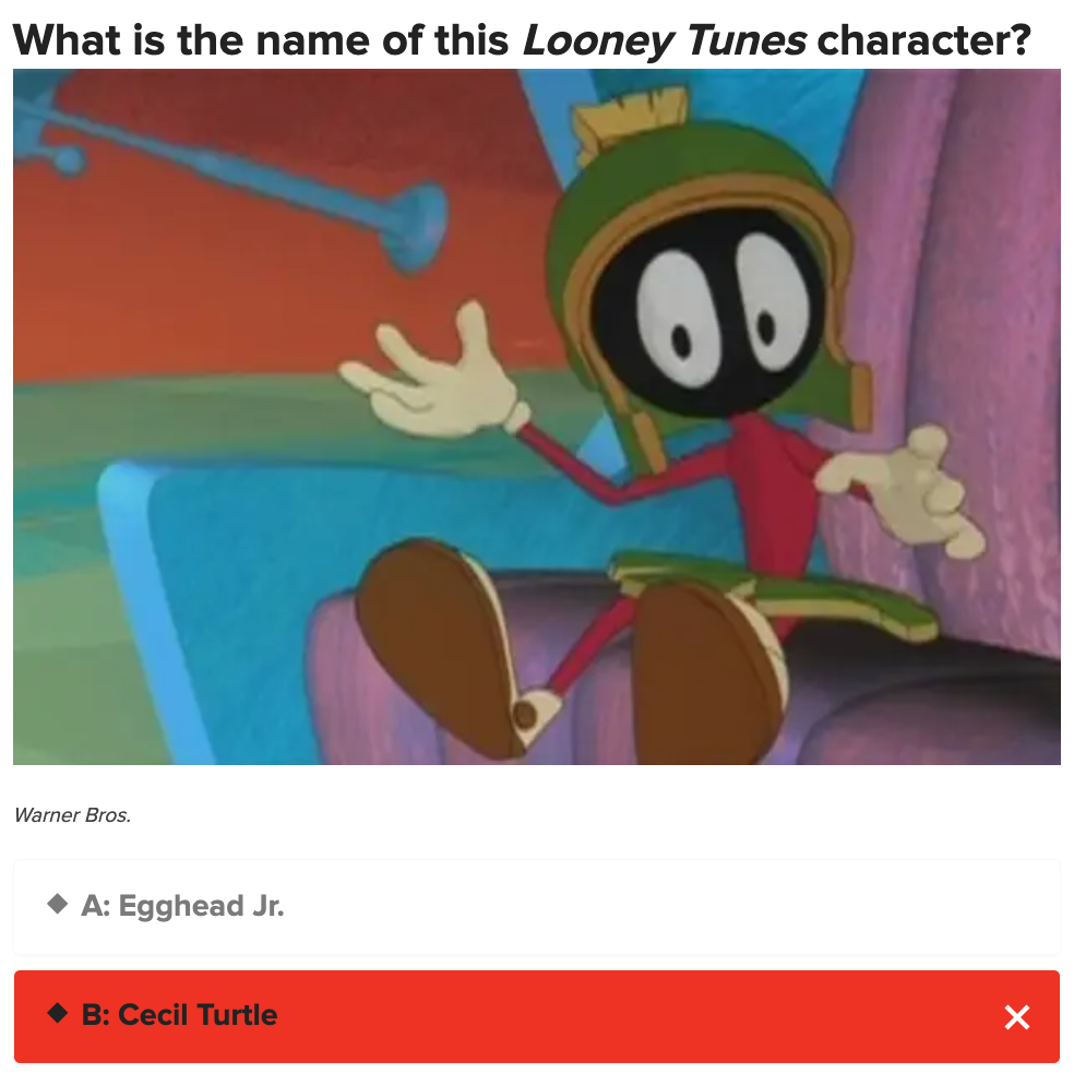 Quiz asking for name of Looney Tunes character shown, options are Egghead Jr. and Cecil Turtle, with Cecil Turtle incorrectly selected