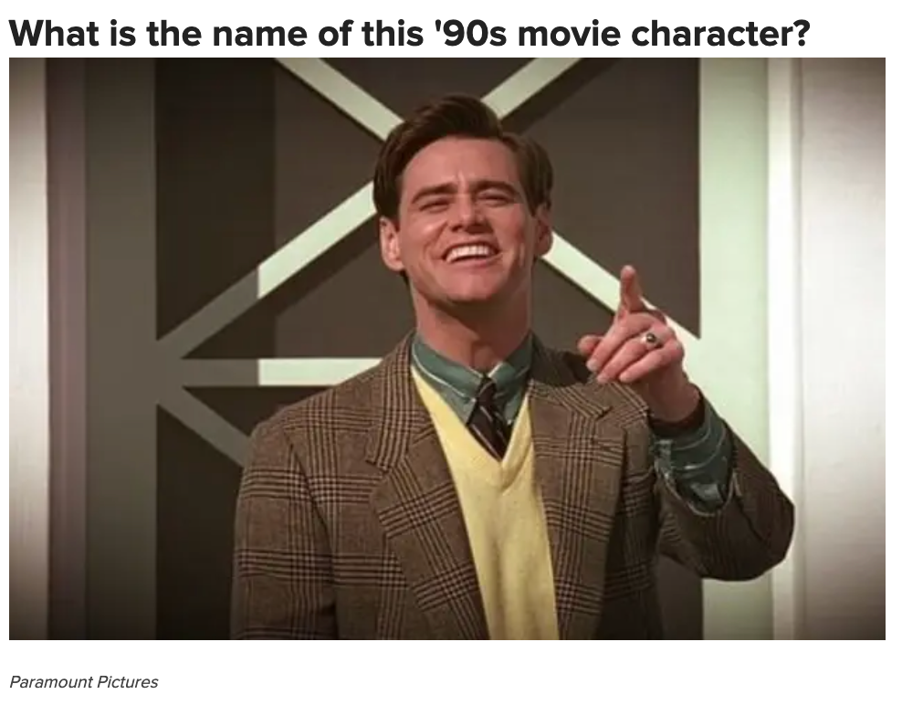 Man in a checkered suit points smiling, caption asks the name of the '90s movie character he portrays