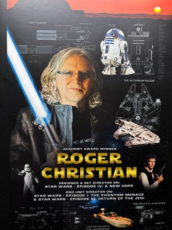 Poster featuring Roger Christian with Star Wars elements, lightsaber, and ships, highlighting his work on films like &quot;A New Hope&quot; and &quot;The Phantom Menace.&quot;