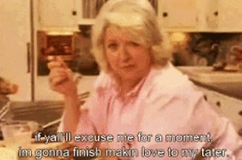 A person in a kitchen holds a spoon, with humorous text about making love to a potato