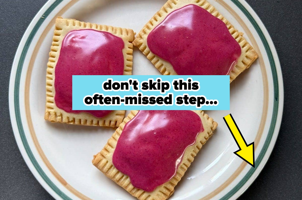 Three pastries with pink icing on a plate; text overlay says, "don't skip this often-missed step..." with a yellow arrow pointing to them