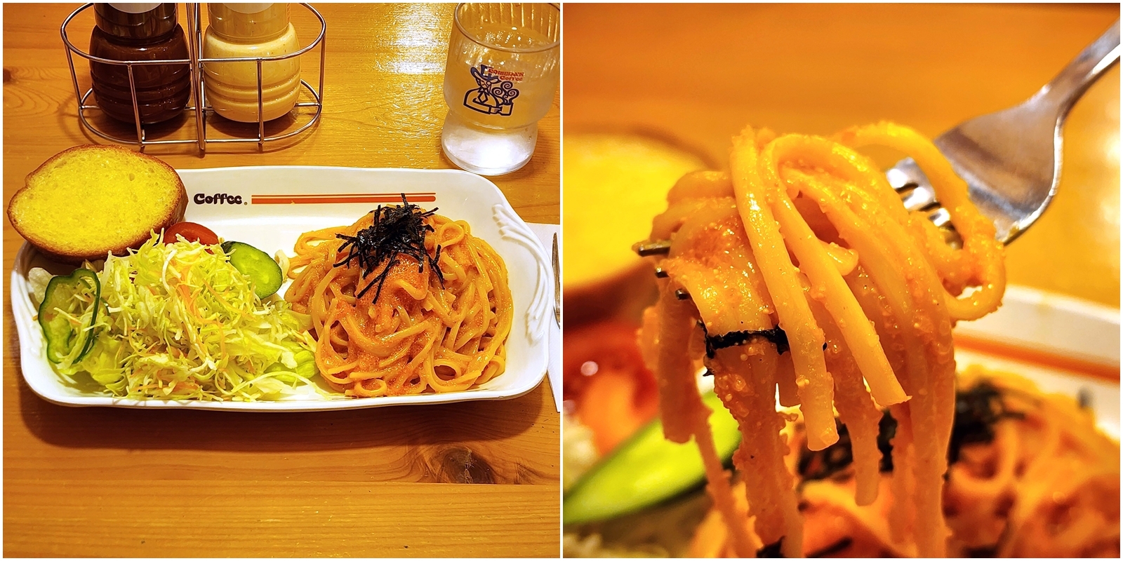 パスタとサラダがセットになった食事の写真。フォークに麺を巻きつけたアップの映像あり。