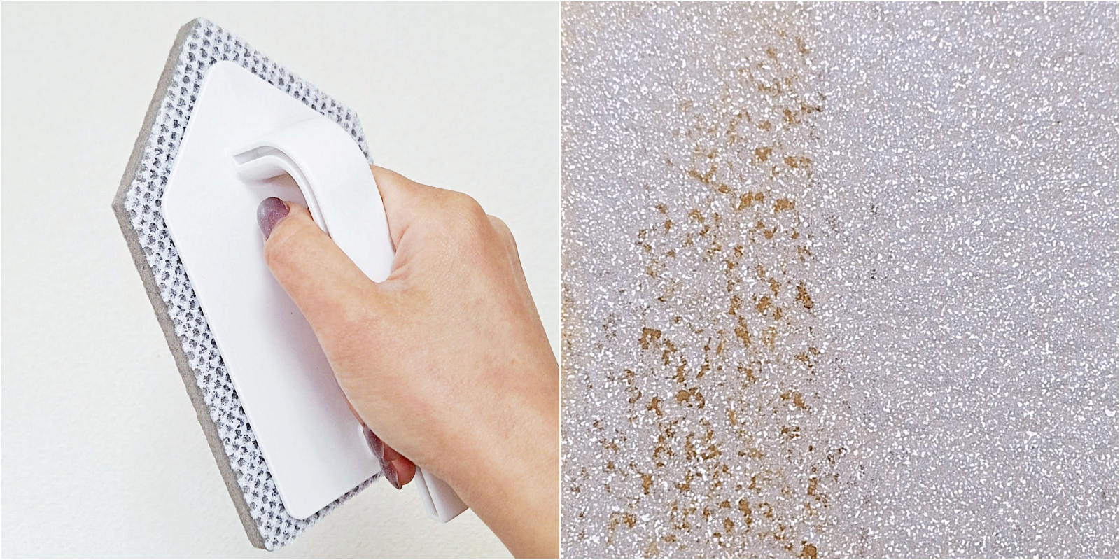 壁を磨く手と砂のようなテクスチャーのクローズアップ。