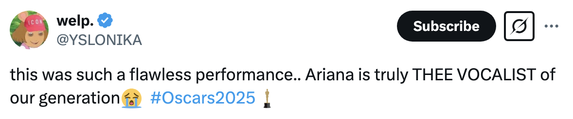 Tweet praising Ariana's performance, calling her the vocalist of the generation, with hashtags #Oscars2025 and an earthenware emoji