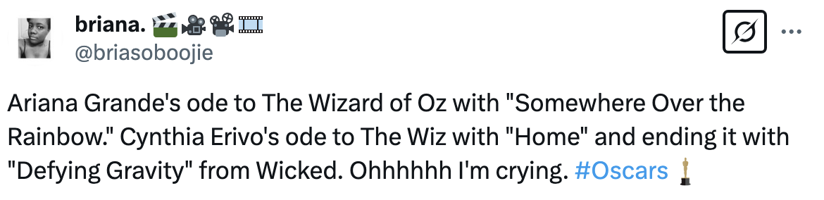 Tweet about Ariana Grande and Cynthia Erivo's performances of songs from "The Wizard of Oz," "The Wiz," and "Wicked" at the Oscars