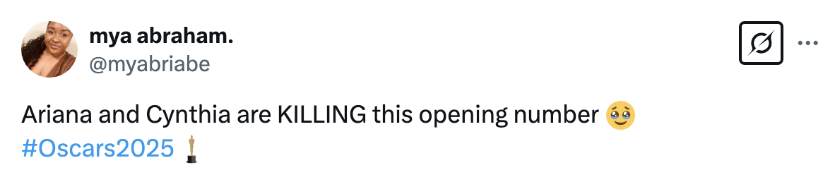 Tweet praising Ariana and Cynthia's impressive opening number at #Oscars2025, with a trophy emoji