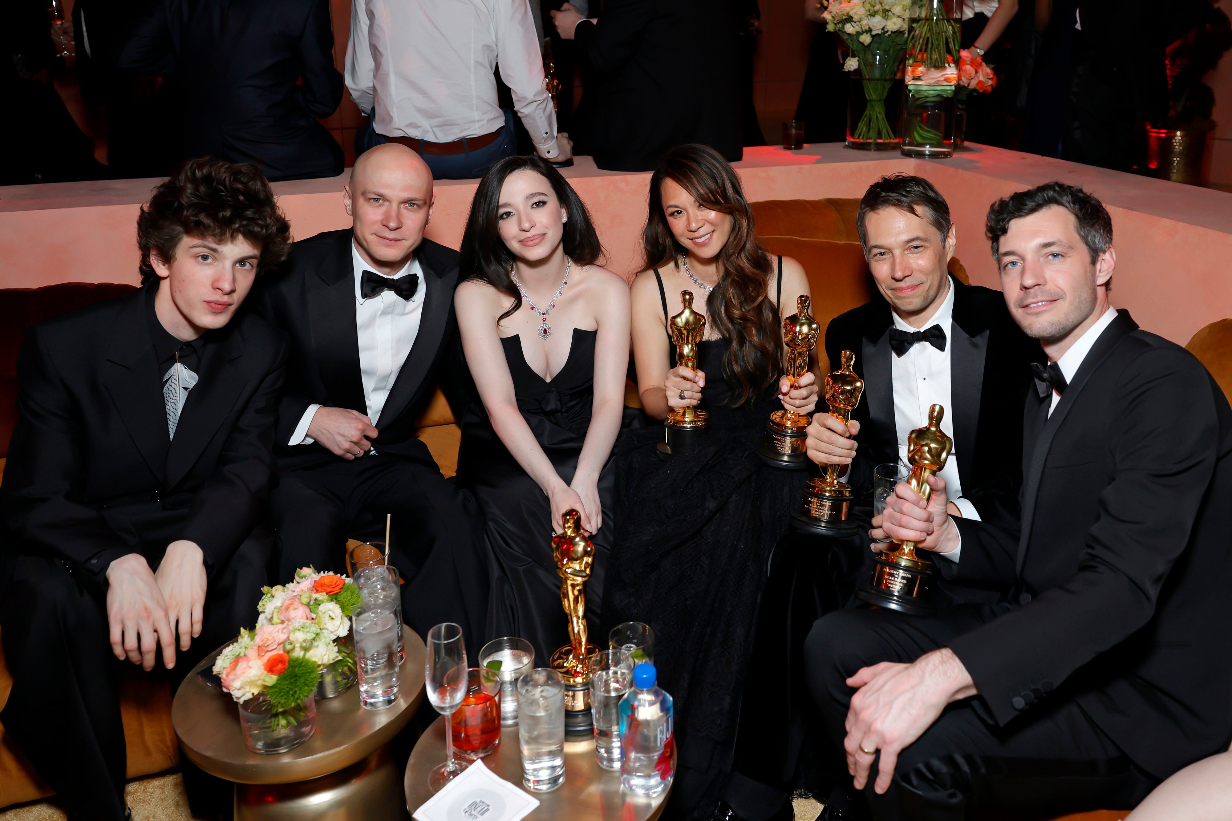 Mark Eydelshteyn, Yura Borisov, Mikey Madison, Samantha Quan, Sean Baker and Alex Coco attend the 2025 Vanity Fair Oscar Party