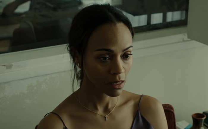 Close-up of Zoe in a scene from Emilia Pérez, looking pensive