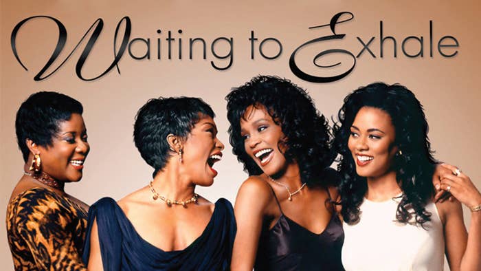 Promotional image for "Waiting to Exhale" featuring four women smiling and dressed in elegant evening wear