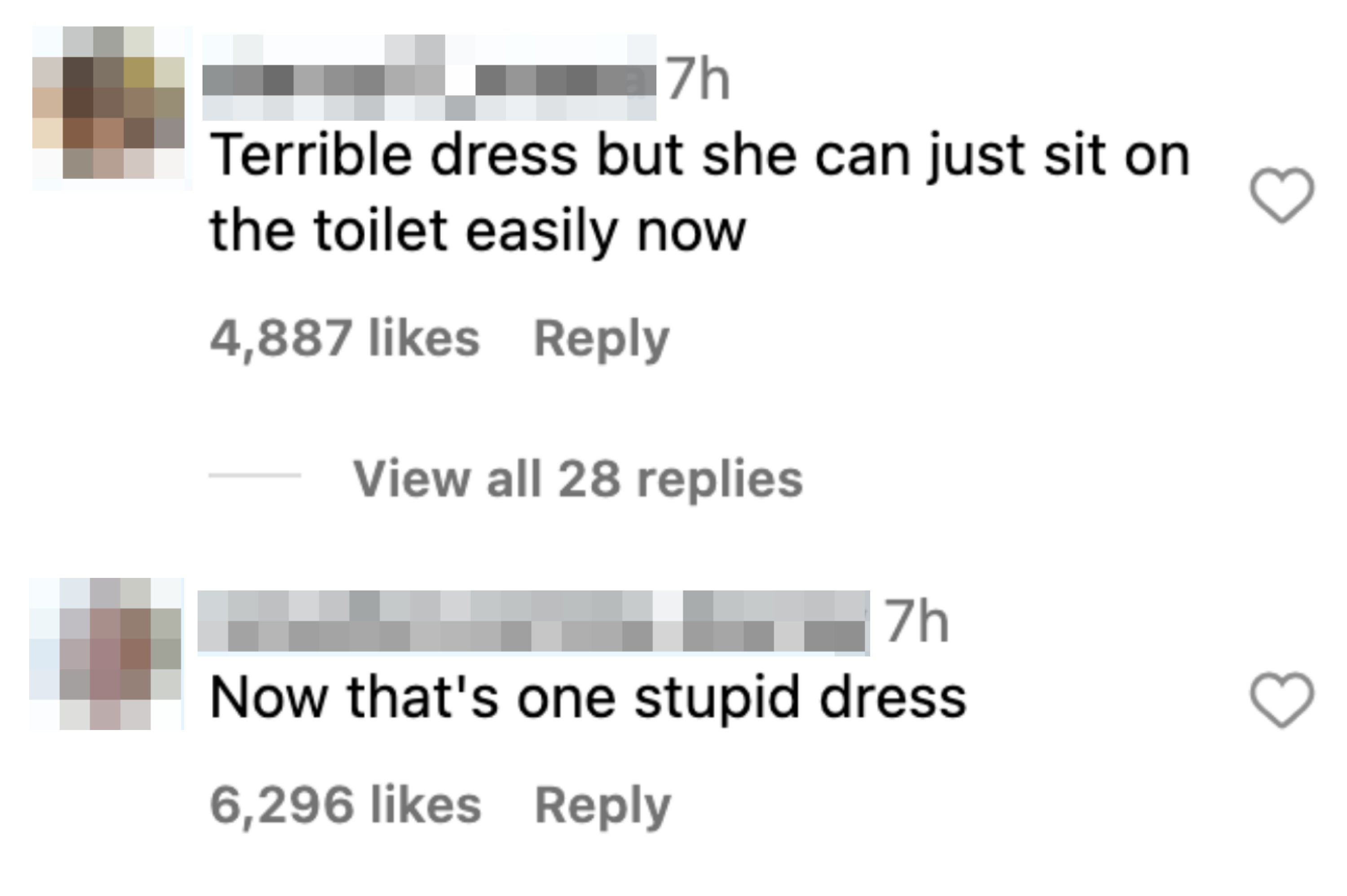 Instagram comments mocking a dress for its impractical design; first comments on toilet accessibility, second calls it stupid