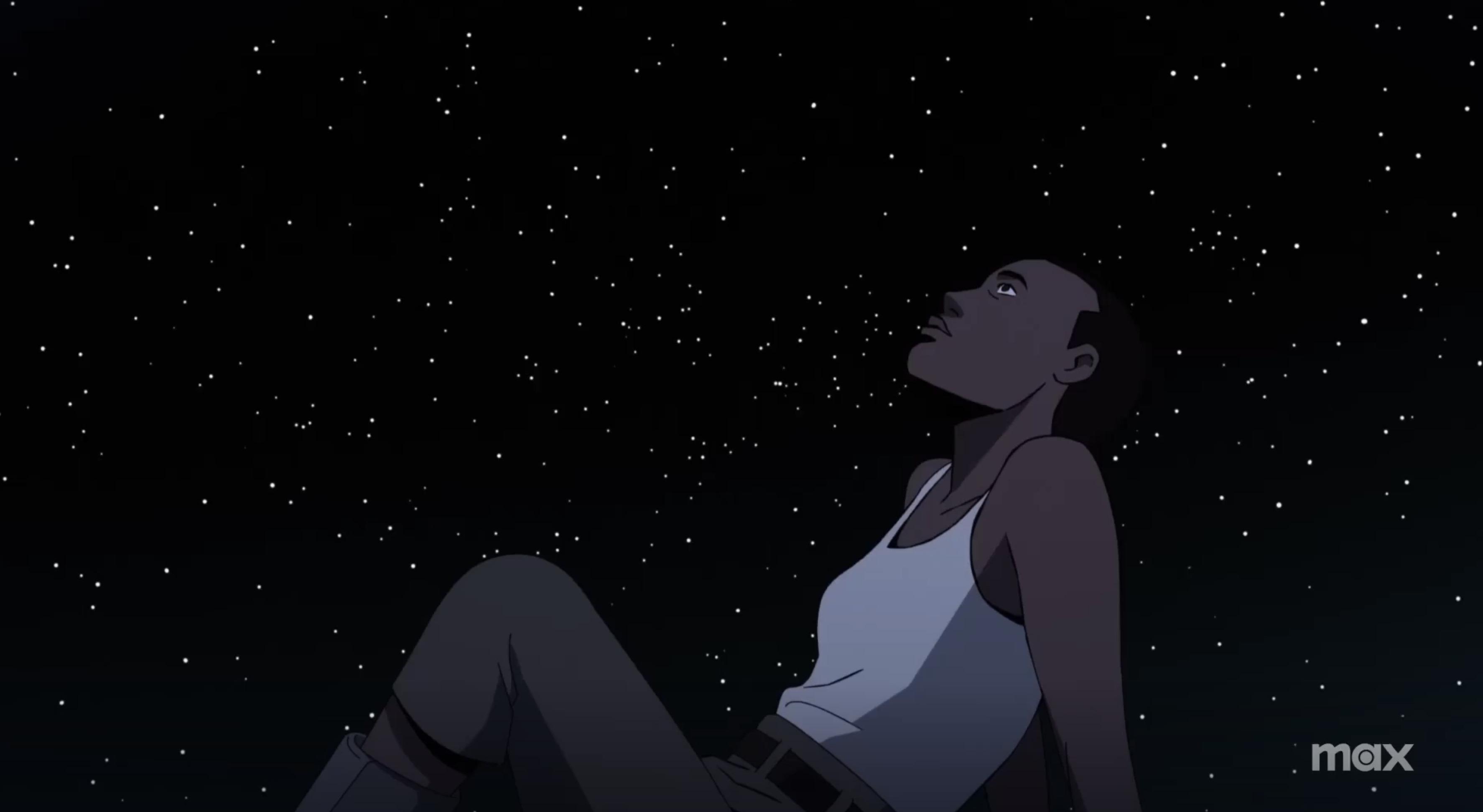 An animated young woman with a buzzcut stares into a starry night sky in a scene from &quot;Scavengers Reign&quot;