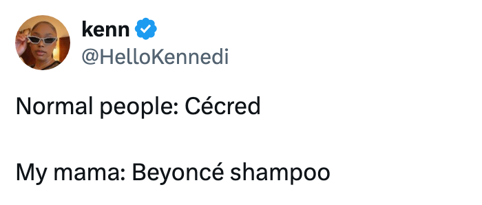 Tweet humorously comparing pronunciations of a brand name versus "Beyoncé shampoo."