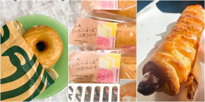 ドーナツ、チーズパン、ソーセージロールが並んだ写真です。